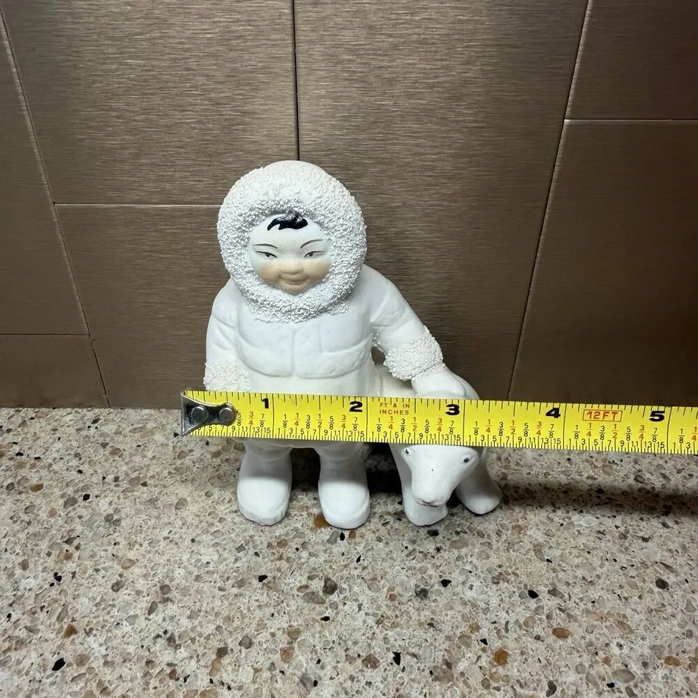 Retro Ceramic Inuit Child with Polar Bear Figurine Statue 5.5
